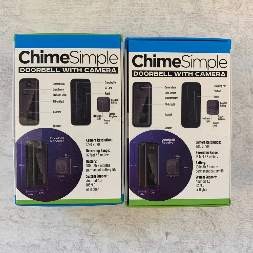 2 ChimeSimple Doorbells With Cameras HD 125 Degree Wide‎ Angle Lens Easy Install